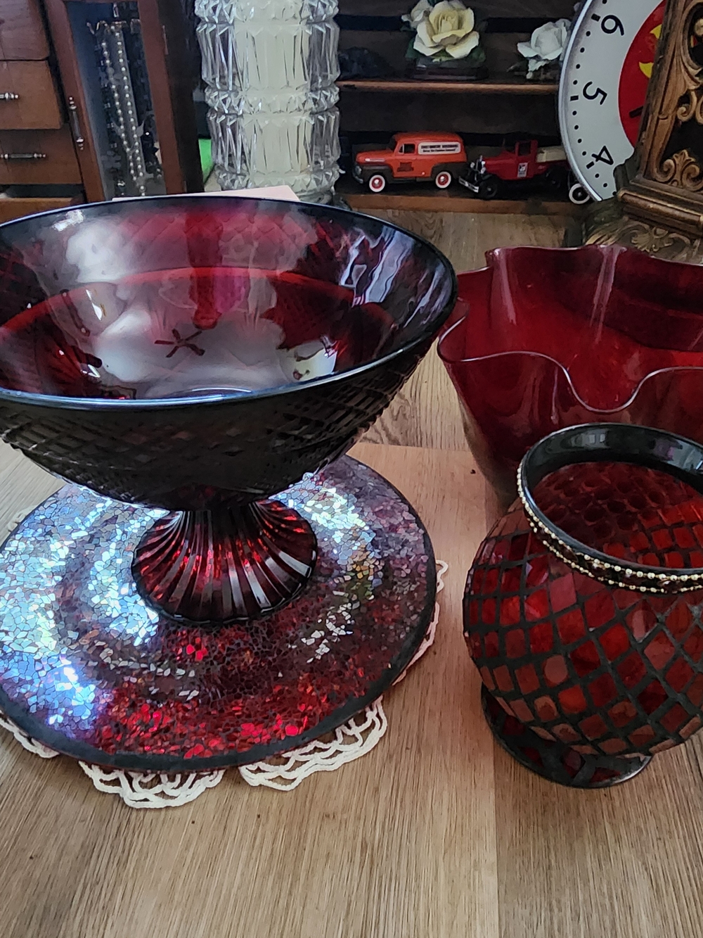 Red Glass Compote Bowl and Decorative Vases Set